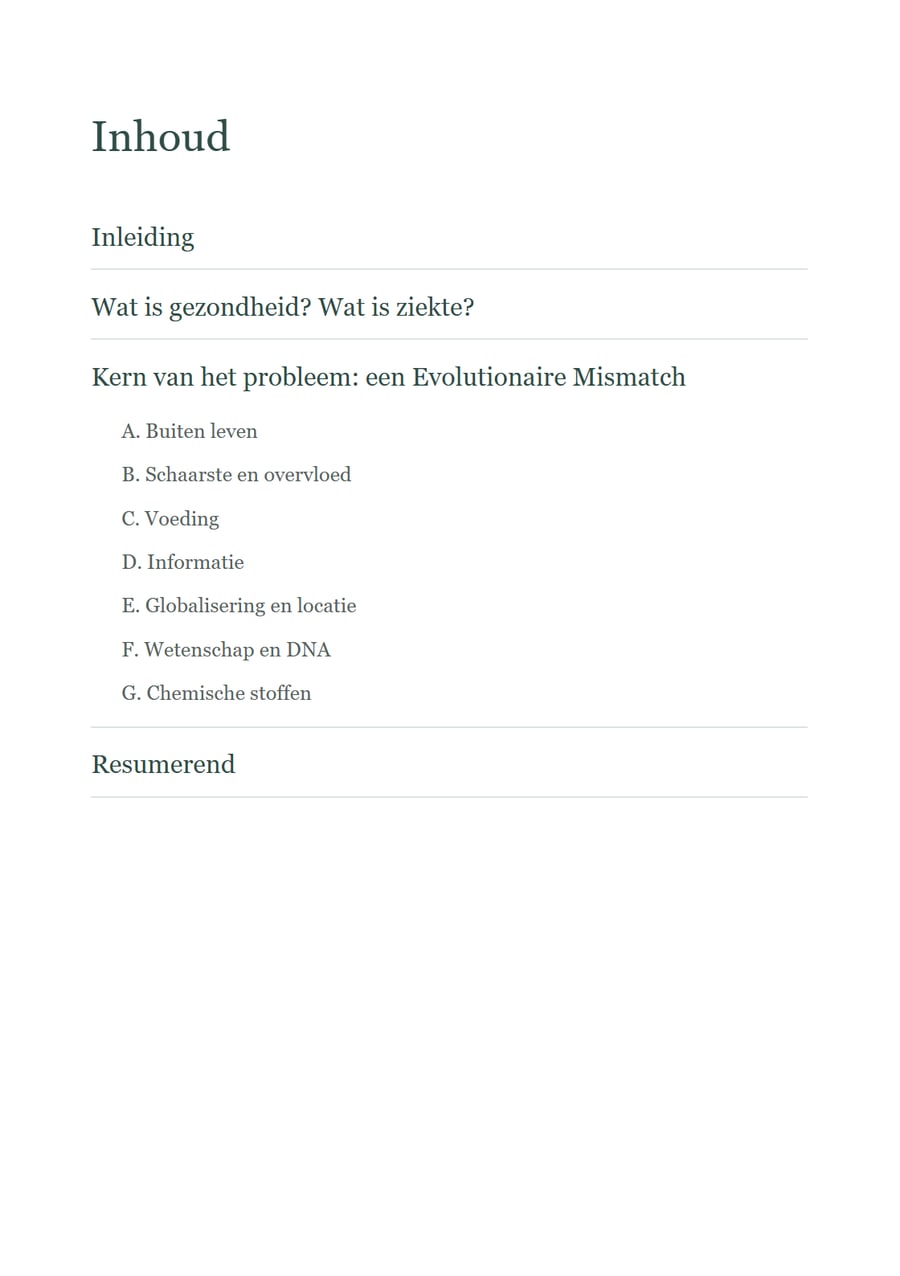 Inhoudsopgave van het e-book met de onderdelen en de zeven vormen van mismatch