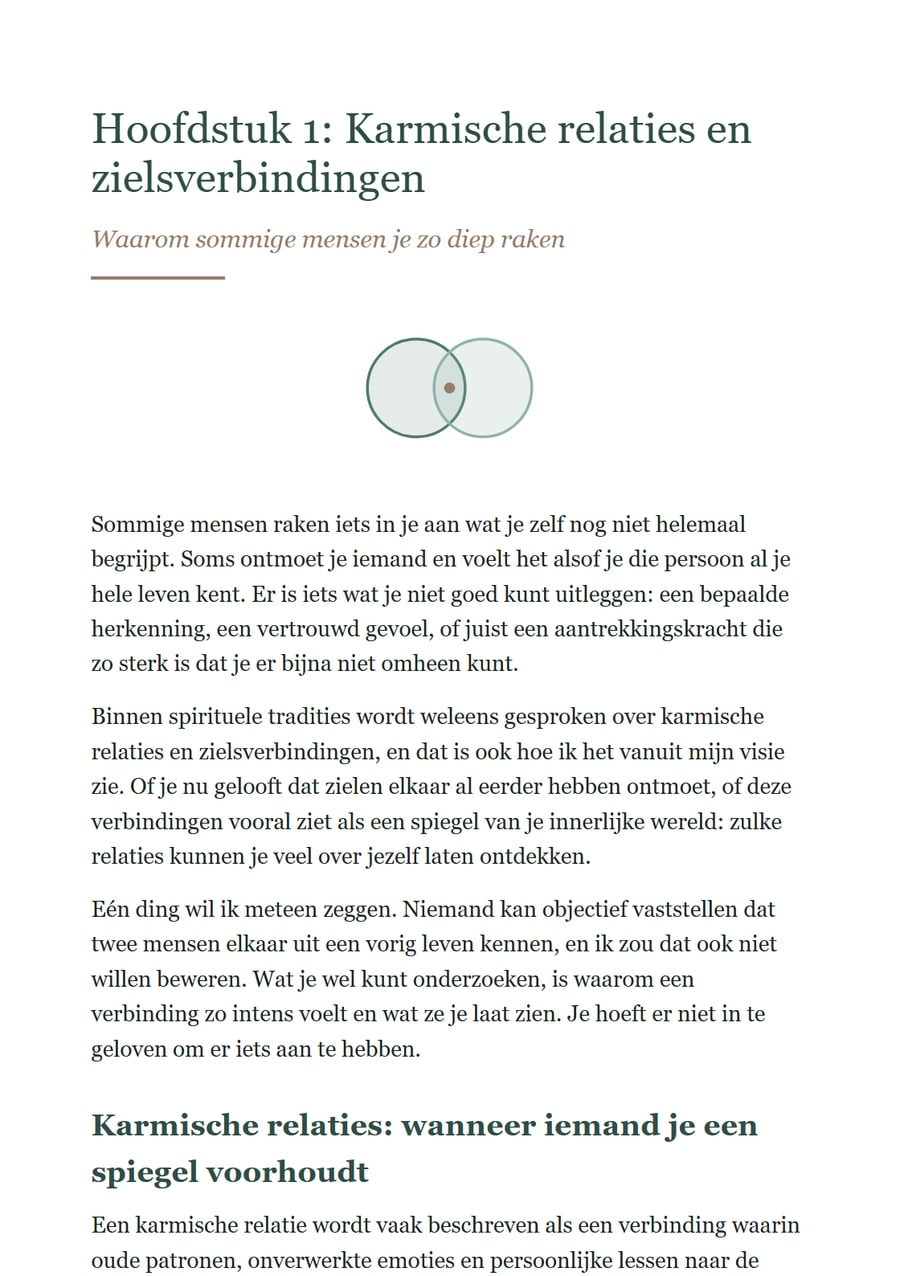 Het begin van hoofdstuk 1 over karmische relaties en zielsverbindingen, met een tekening