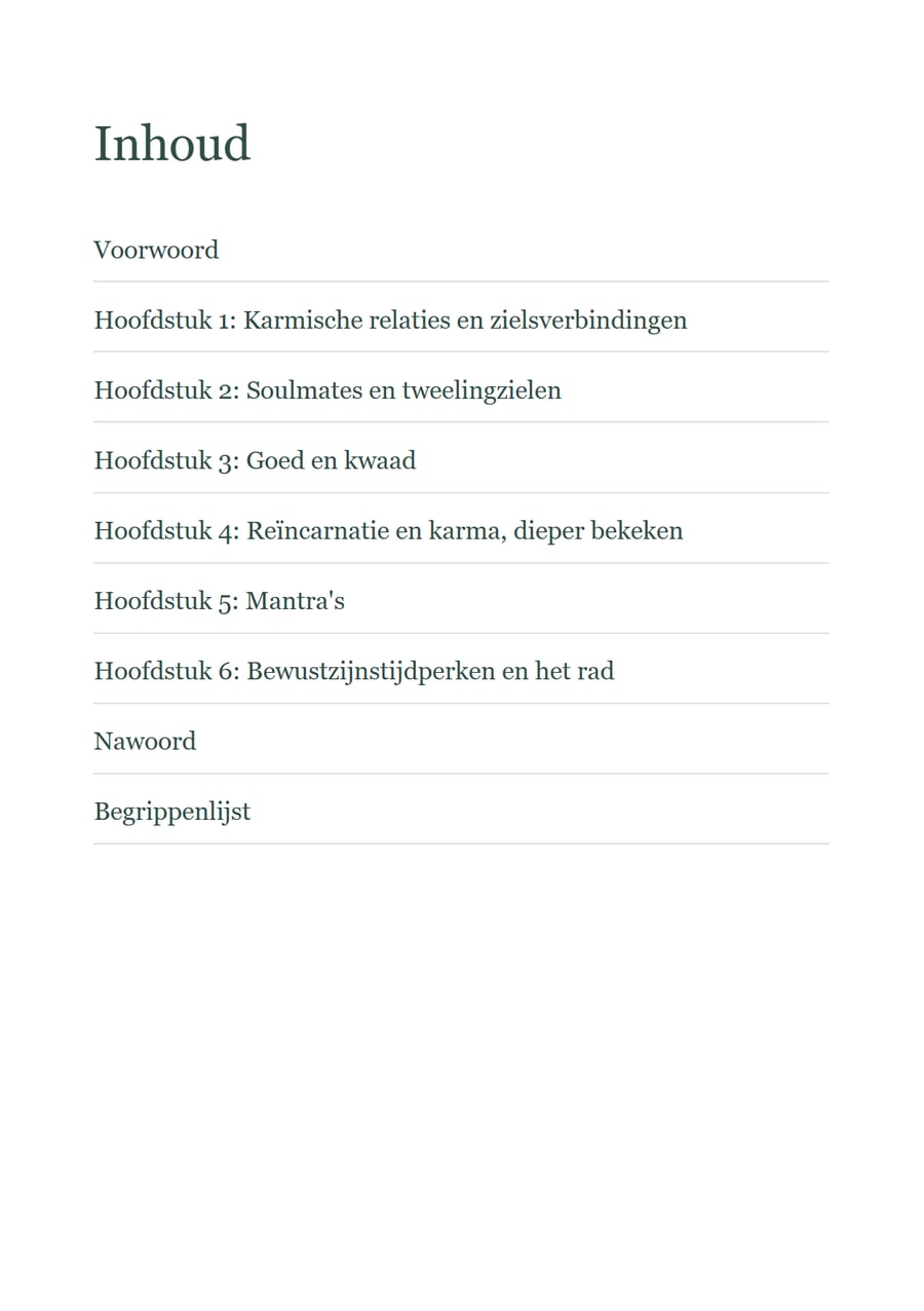 Inhoudsopgave van deel 2: voorwoord, zes hoofdstukken, nawoord en begrippenlijst