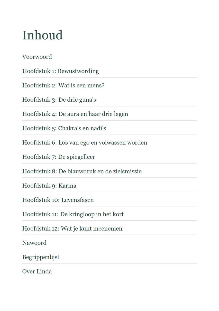 Inhoudsopgave van het e-book: twaalf hoofdstukken, voorwoord, nawoord en begrippenlijst