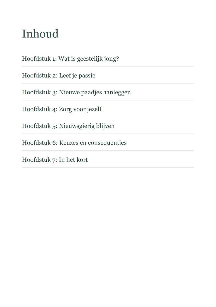 Inhoudsopgave van het boekje: zeven hoofdstukken